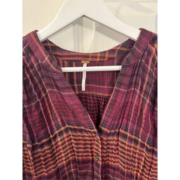 Free People Come On Over Burgundy & Gold Plaid Swing Flannel Over Sized Button D - Picture 4 of 10